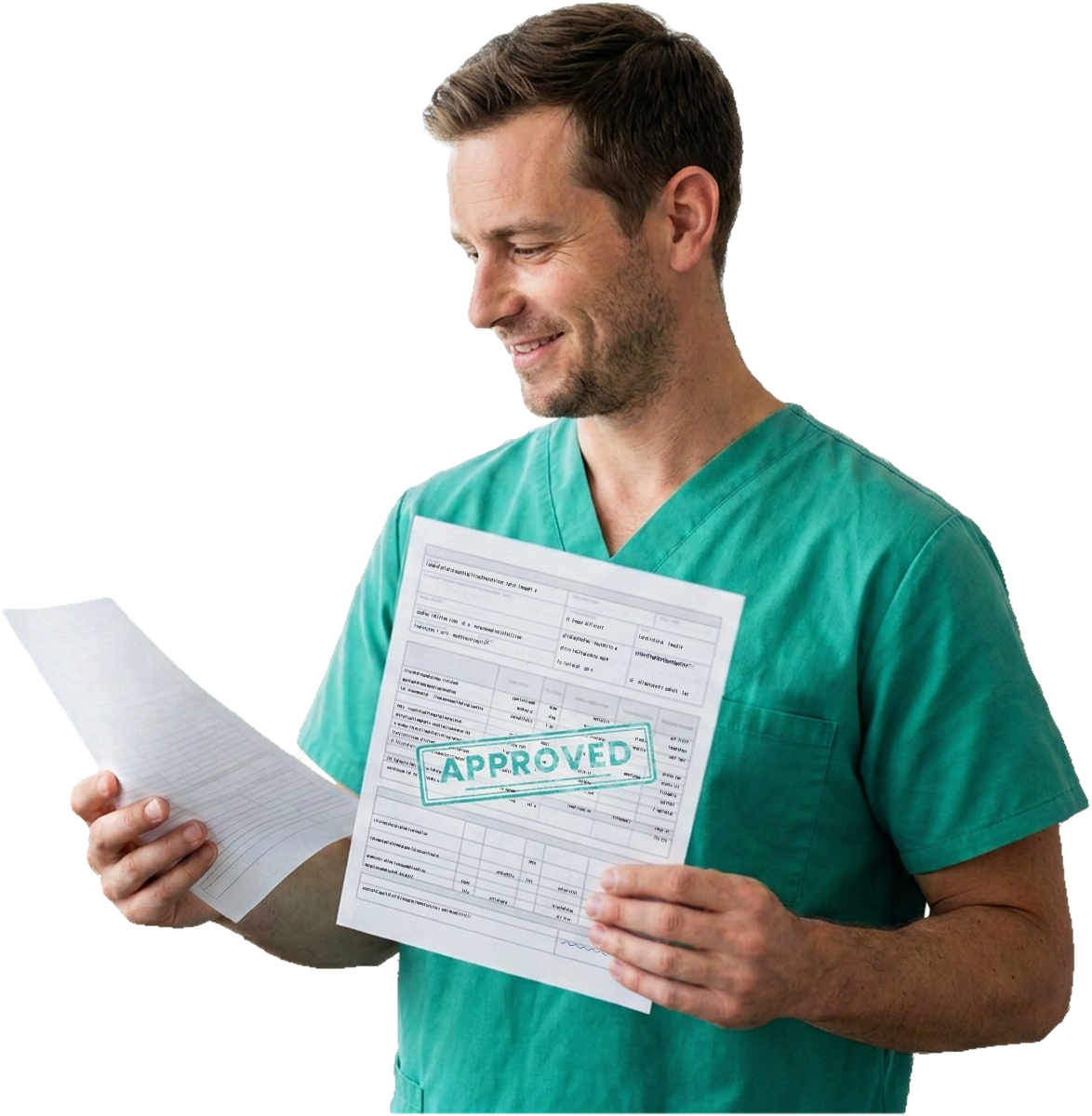 A clinician in teal scrubs reading a claim form stamped approved