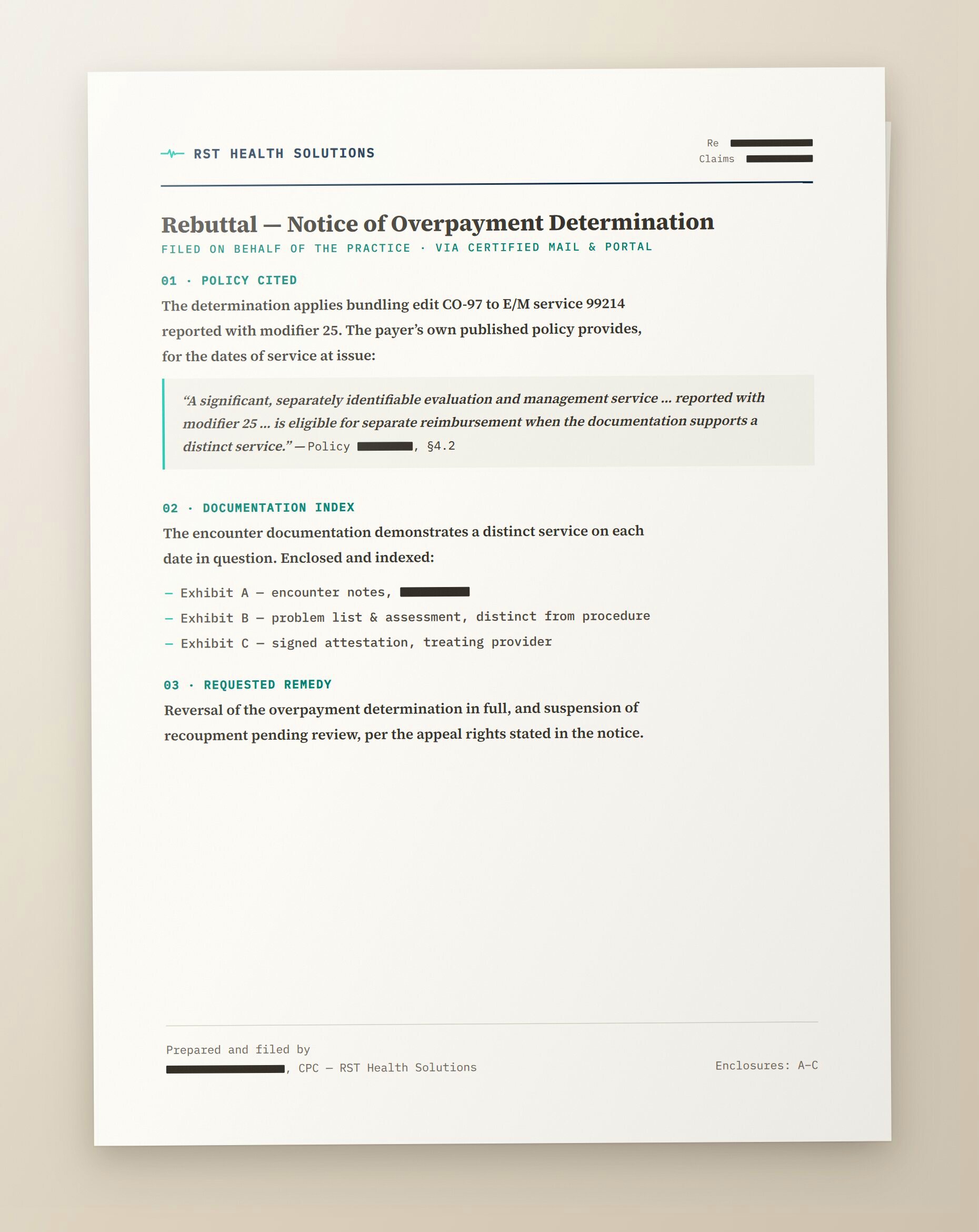 A full-page rebuttal letter on RST letterhead, sections numbered, details redacted